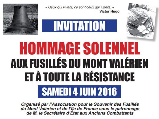 Samedi 4 juin 2016 : Hommage solennel aux fusillés du Mont Valérien et à toute la Résistance